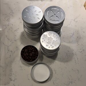 Silver Metal Storage Tins with Decorative Lids + coffee beans!
